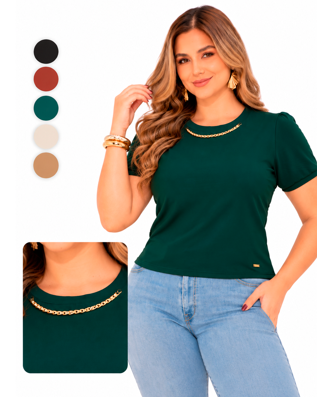 Blusa Manga Corta con Cadena Dorada en el Cuello y Placa Decorativa