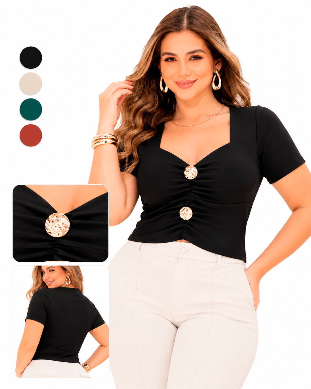 Blusa Escote Corazón Fruncida con Botones Dorados Manga Corta