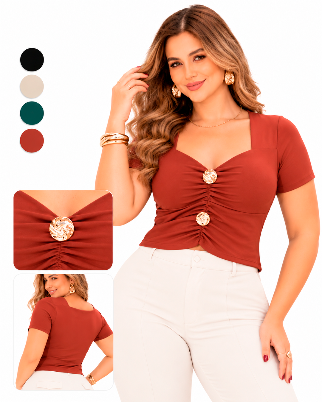 Blusa Escote Corazón Fruncida con Botones Dorados Manga Corta