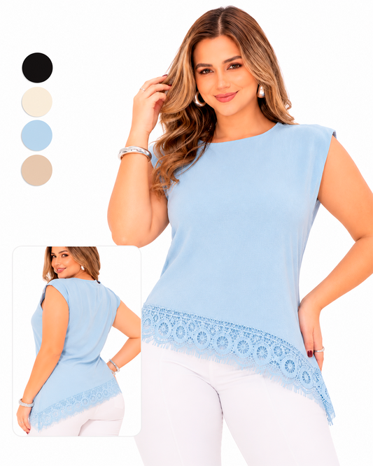 Blusa Sin Mangas con Encaje Decorativo en el Ruedo Asimétrico