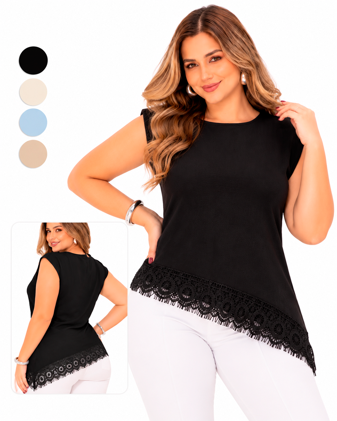 Blusa Sin Mangas con Encaje Decorativo en el Ruedo Asimétrico