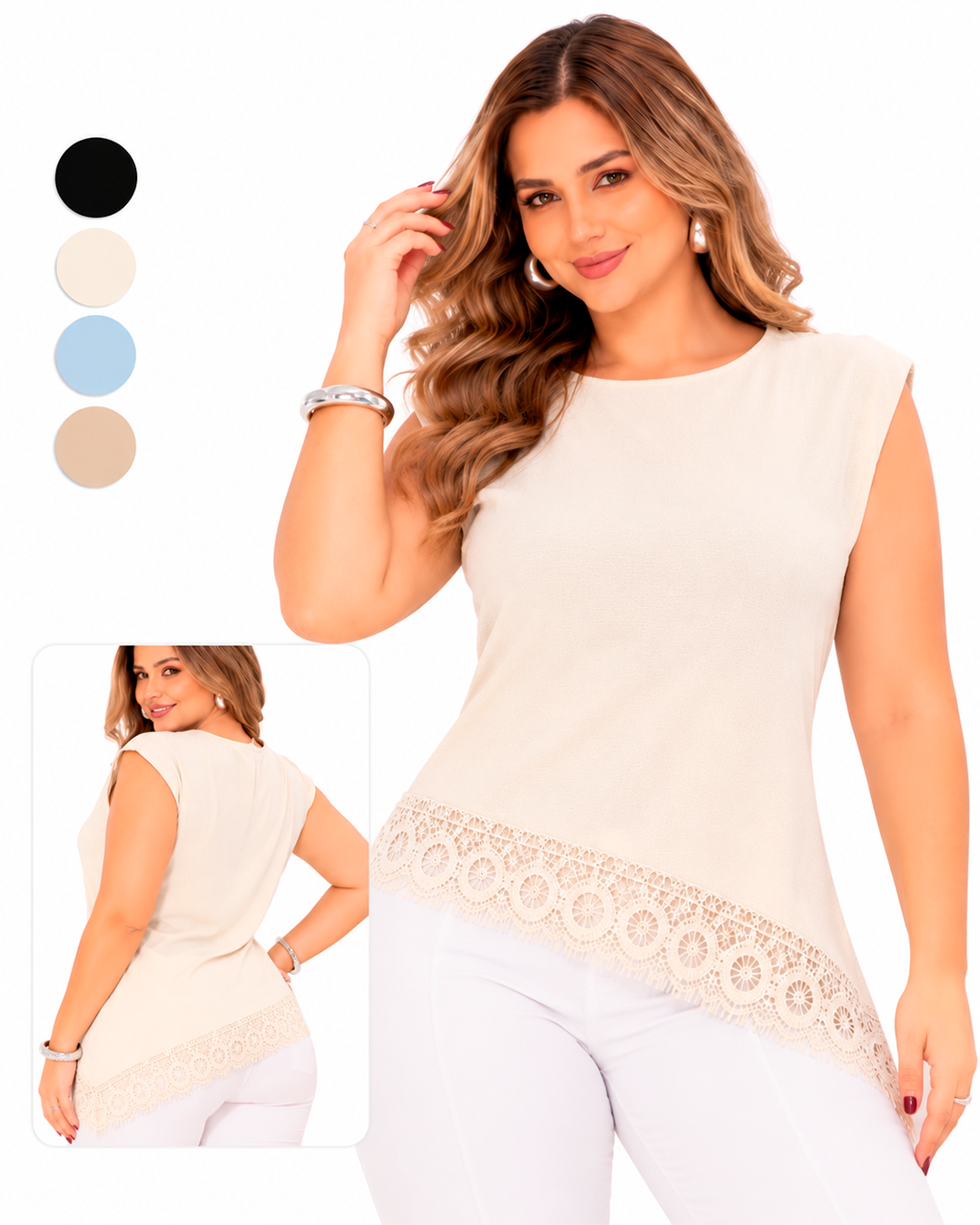 Blusa Sin Mangas con Encaje Decorativo en el Ruedo Asimétrico