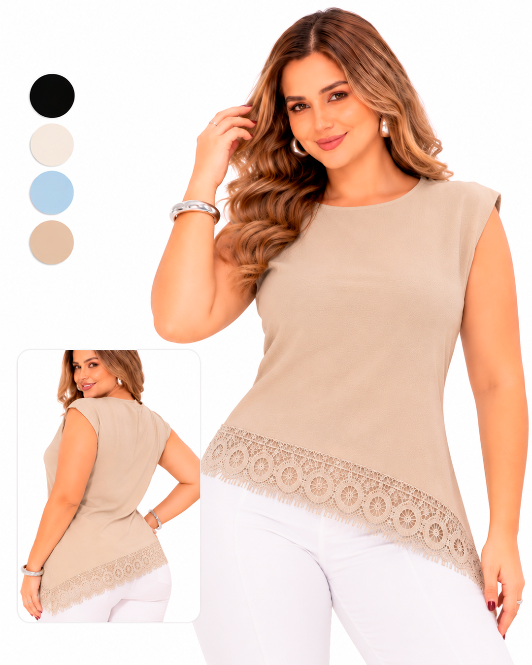 Blusa Sin Mangas con Encaje Decorativo en el Ruedo Asimétrico