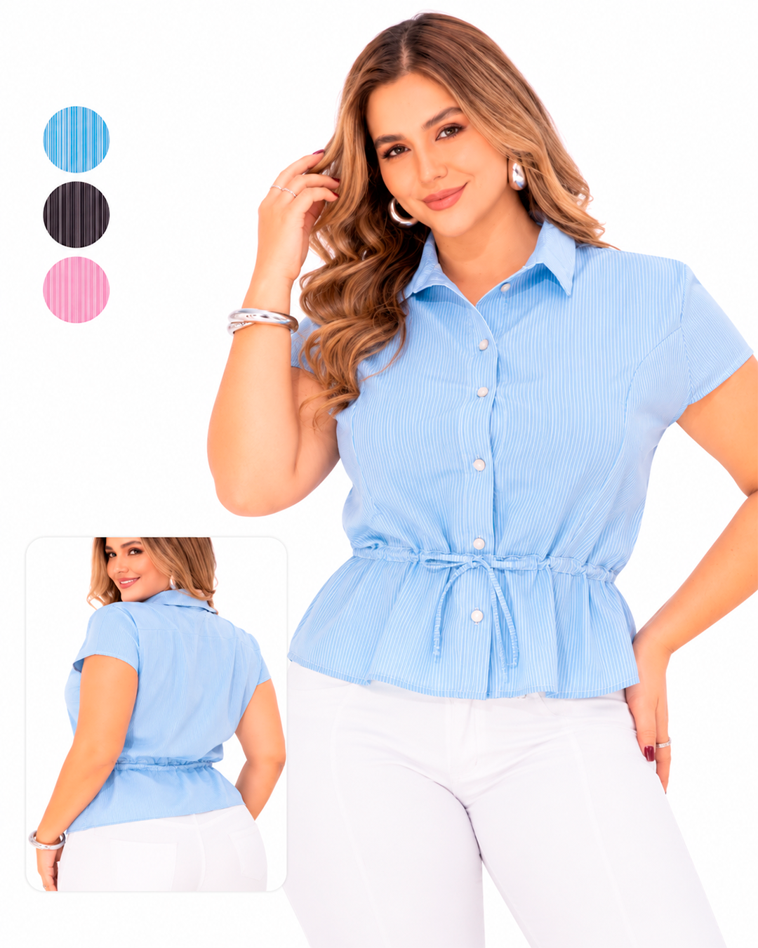 Blusa Camisera de Rayas Cordón en la Cintura Ref 11132