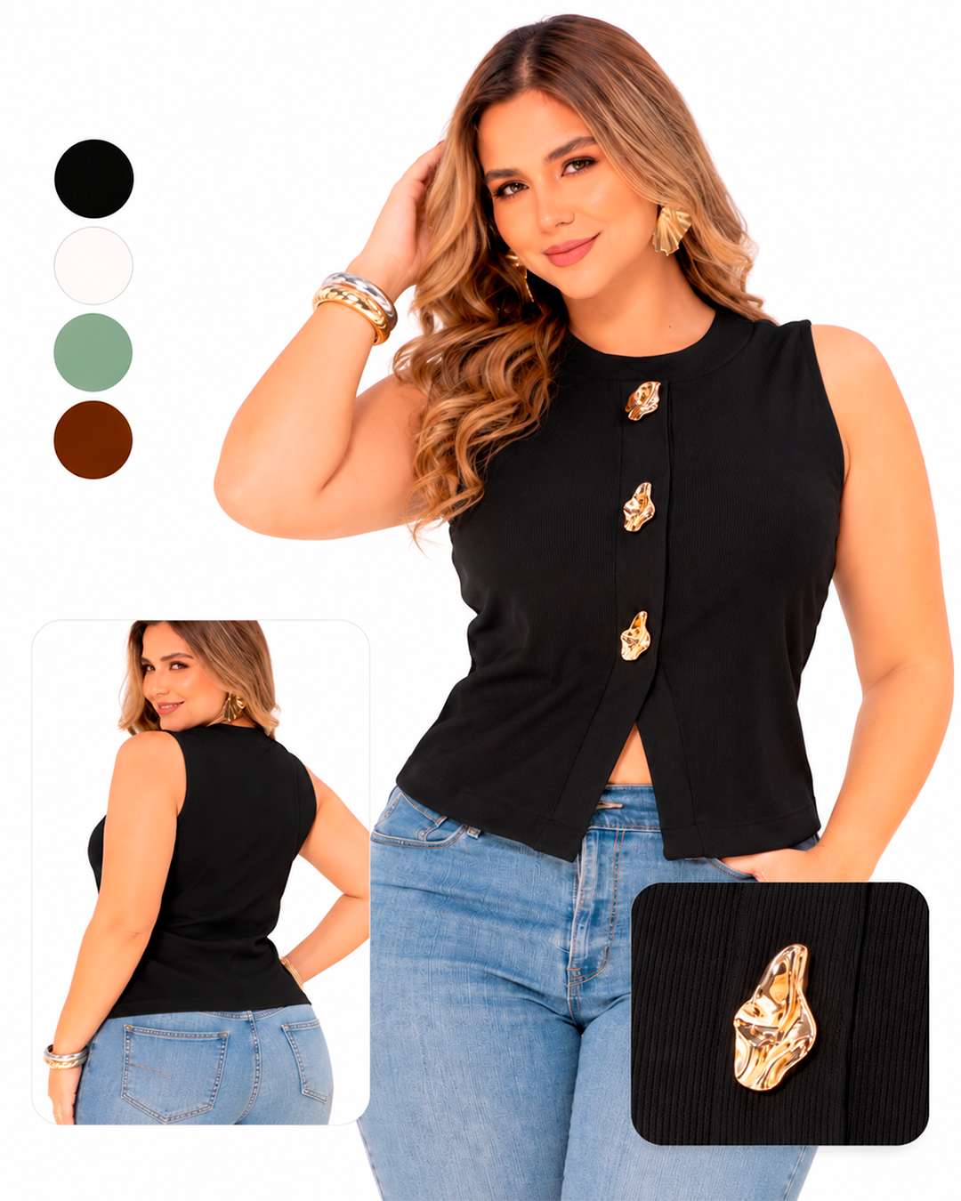 Blusa Acanalada Sin Mangas con Botones Dorados y Abertura al Frente Ref11129