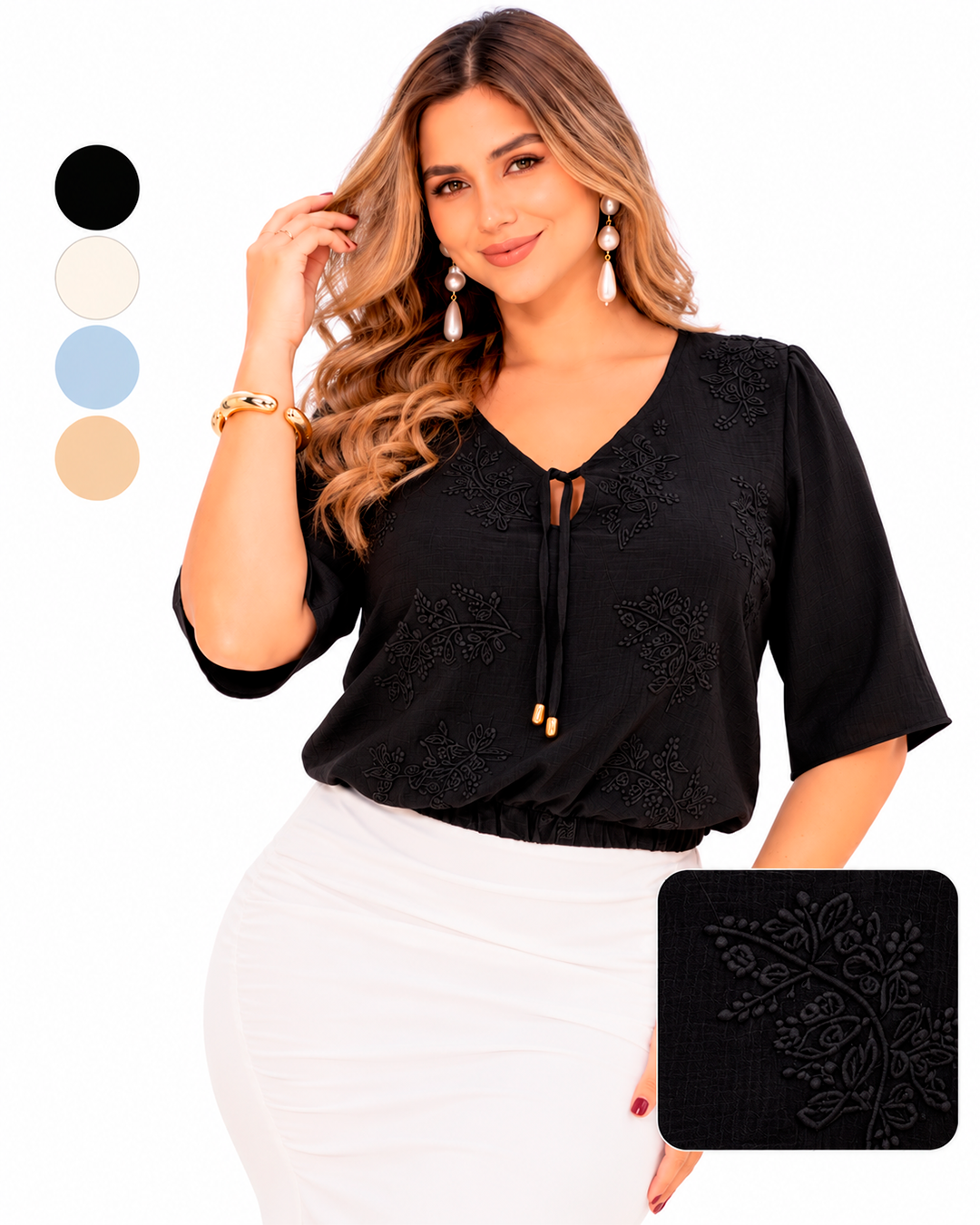 Blusa Escote en V con Amarre y Flores Texturizadas Manga 3/4 Ref 11130