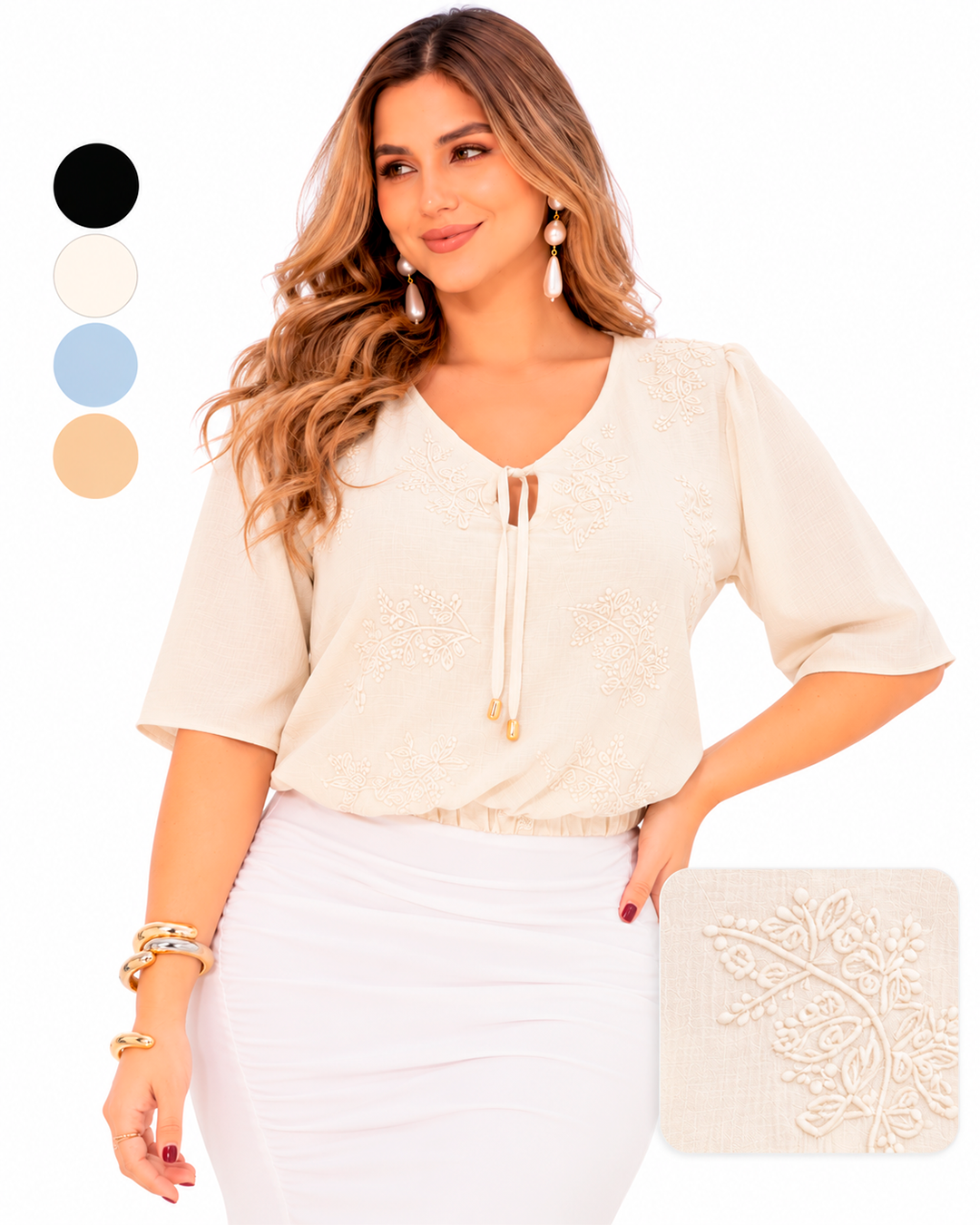 Blusa Escote en V con Amarre y Flores Texturizadas Manga 3/4 Ref 11130