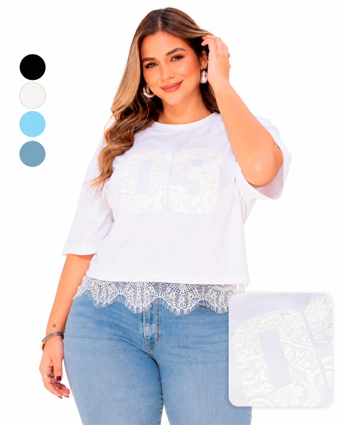 Blusa con Estampado de Número en Encaje y Ruedo de Encaje Ref 11131