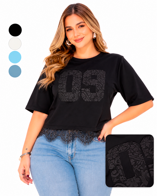 Blusa con Estampado de Número en Encaje y Ruedo de Encaje Ref 11131