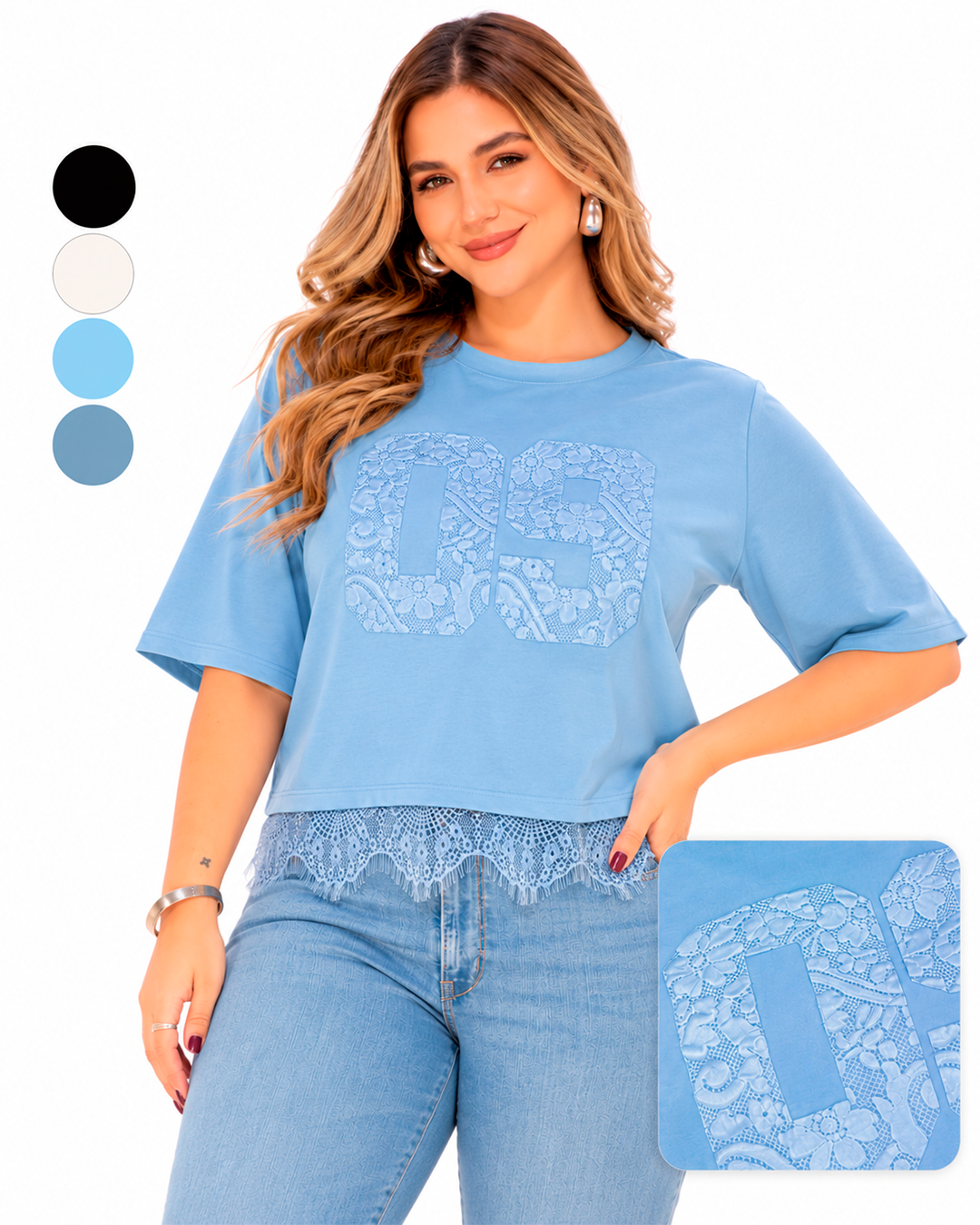 Blusa con Estampado de Número en Encaje y Ruedo de Encaje Ref 11131
