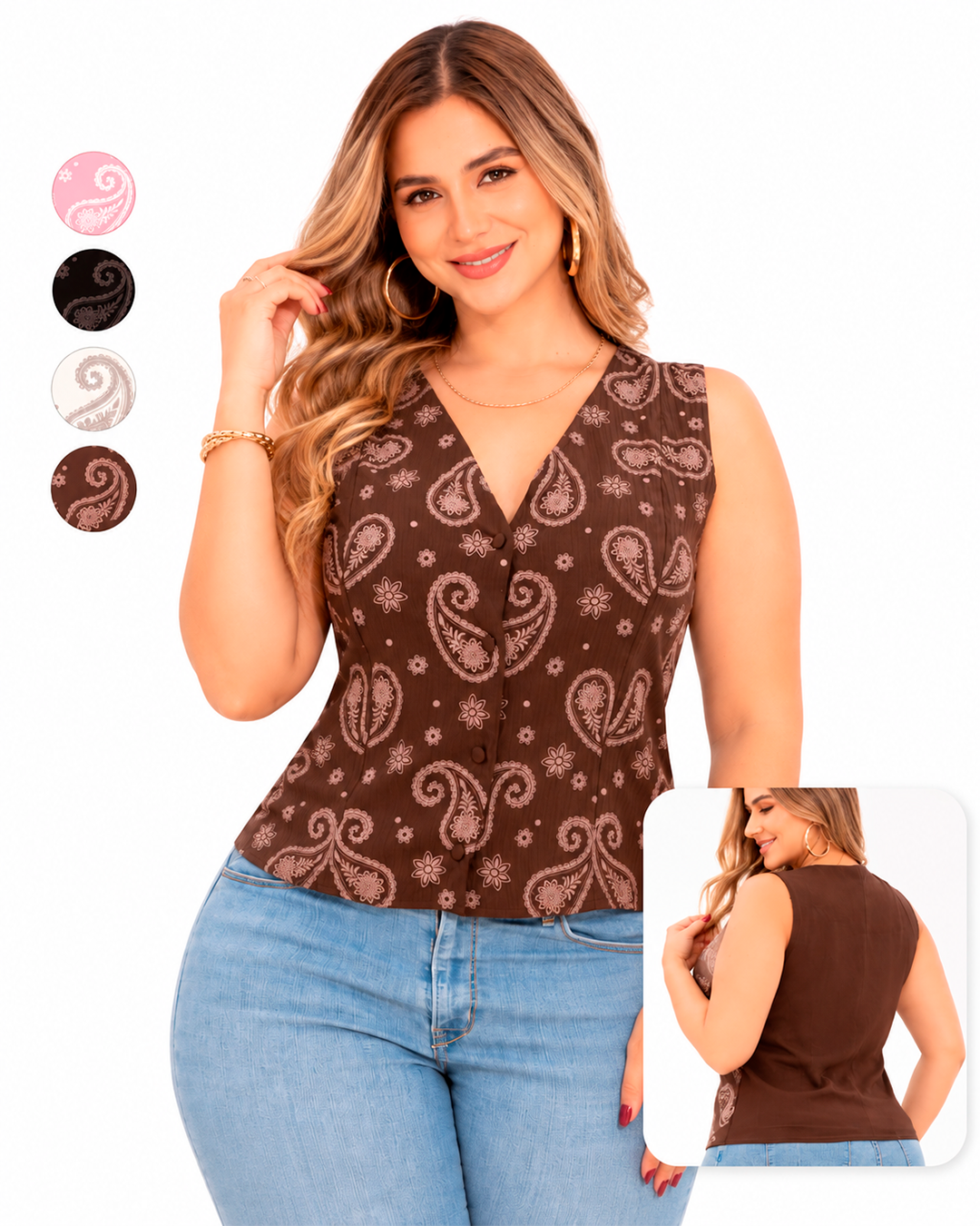 Blusa Sin Mangas con Escote en V, Botones y Estampado Paisley Ref 11133
