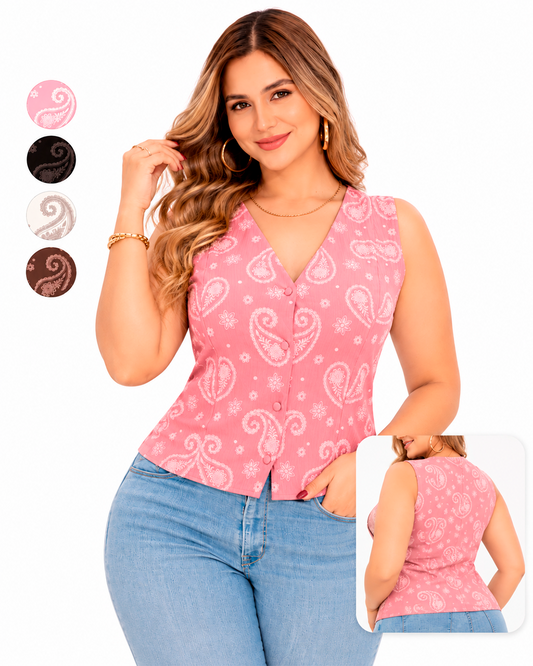 Blusa Sin Mangas con Escote en V, Botones y Estampado Paisley Ref 11133