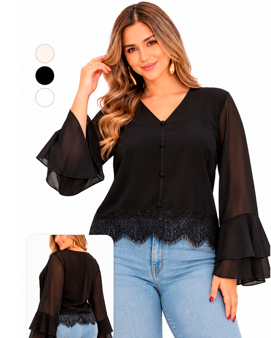 Blusa en Chiffon con Mangas Campana, Botones y Encaje en el Ruedo Ref 11135