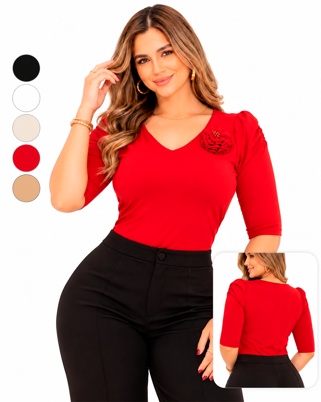 Blusa Escote en V Manga 3/4 con Flor Decorativa Ref 11136