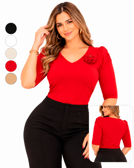 Blusa Escote en V Manga 3/4 con Flor Decorativa Ref 11136