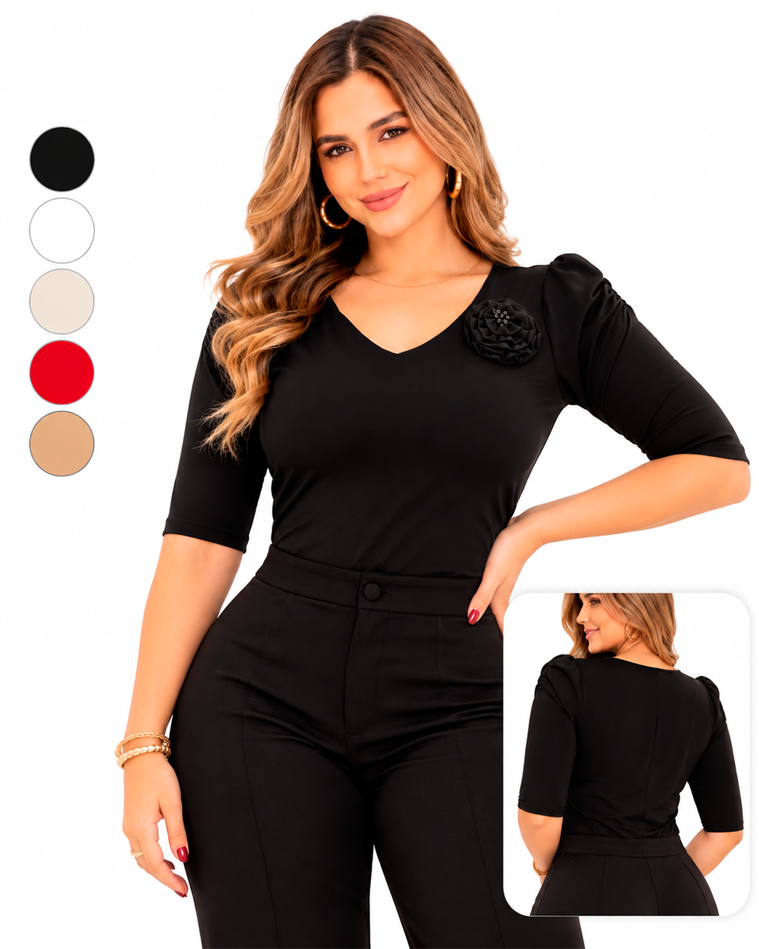 Blusa Escote en V Manga 3/4 con Flor Decorativa Ref 11136