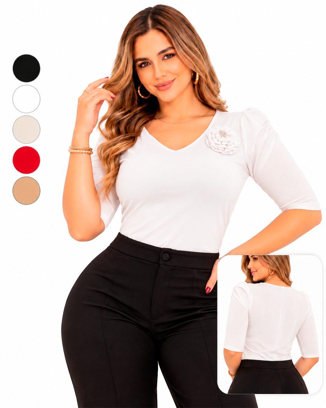 Blusa Escote en V Manga 3/4 con Flor Decorativa Ref 11136