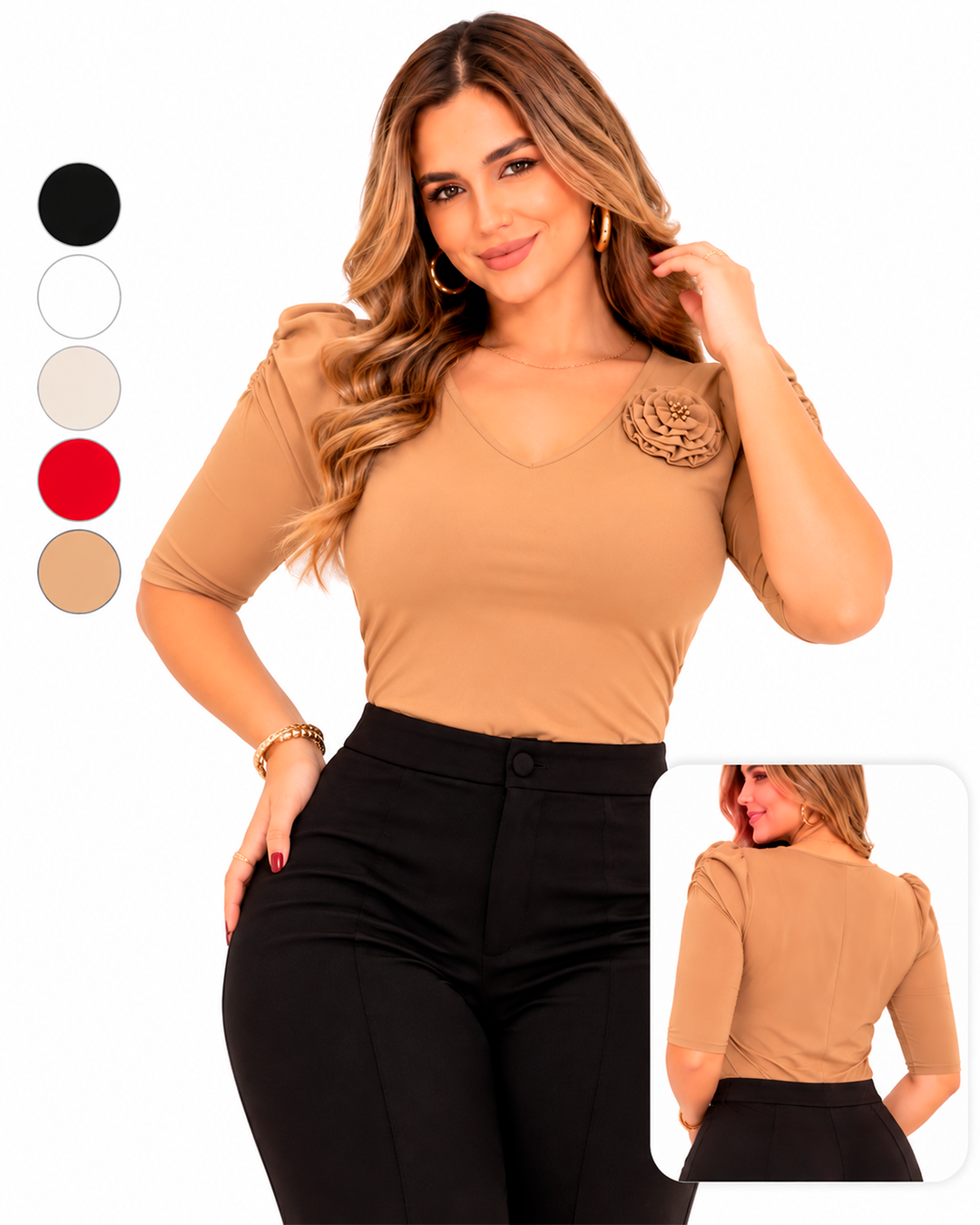 Blusa Escote en V Manga 3/4 con Flor Decorativa Ref 11136