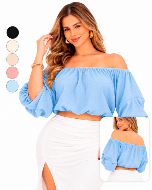 Blusa Hombros Descubiertos con Mangas Globo y Accesorio Torre Eiffel Ref 11137