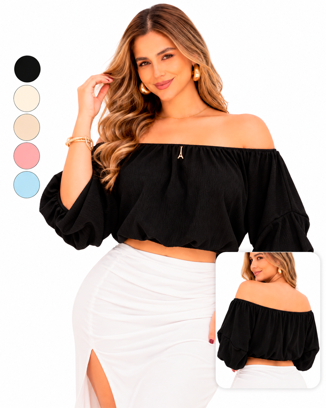 Blusa Hombros Descubiertos con Mangas Globo y Accesorio Torre Eiffel Ref 11137